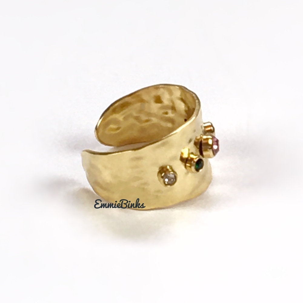 New 18KG FP Cubic Zirconia Rainbow Textured Gold Plated Open Cuff Cocktail Ring - Picture 3 of 15